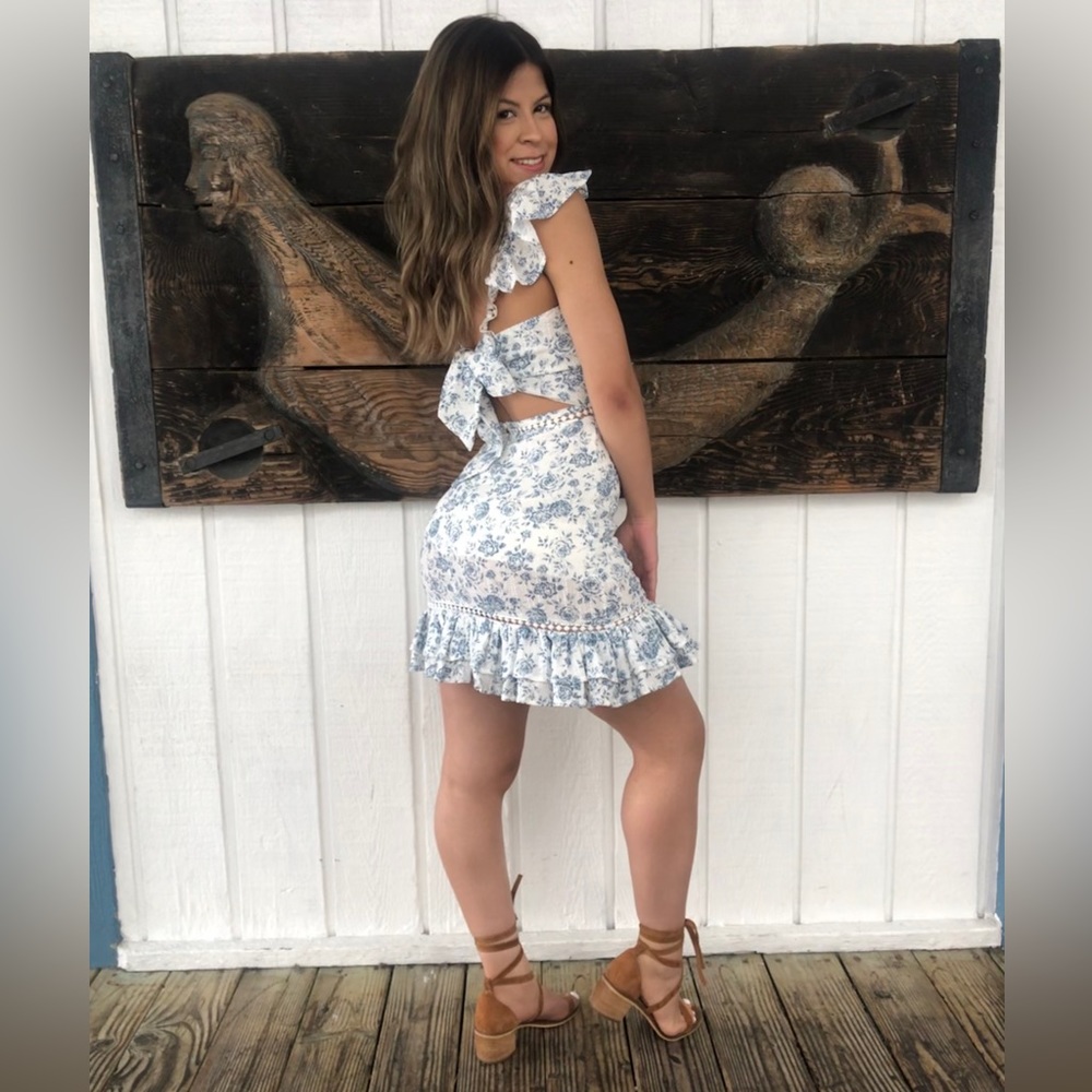 MINKPINK Skye Rose mini dress in blue and white